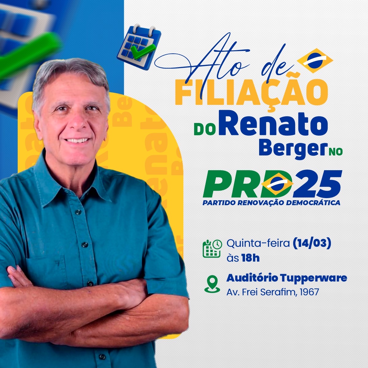 O candidato Renato Berger afirma sua filiação ao PRD. “Meu antigo partido não me quis, tive que buscar um novo partido e o PRD me acolheu, estou muito feliz e motivado para ajudar no crescimento de Teresina neste ano de 2024.”